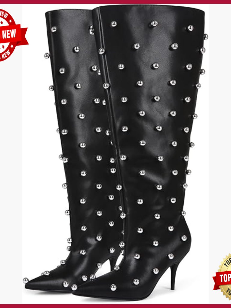 Knee High Stiletto Boots Wide Calf Pointed Toe Studded Pull On Fashion